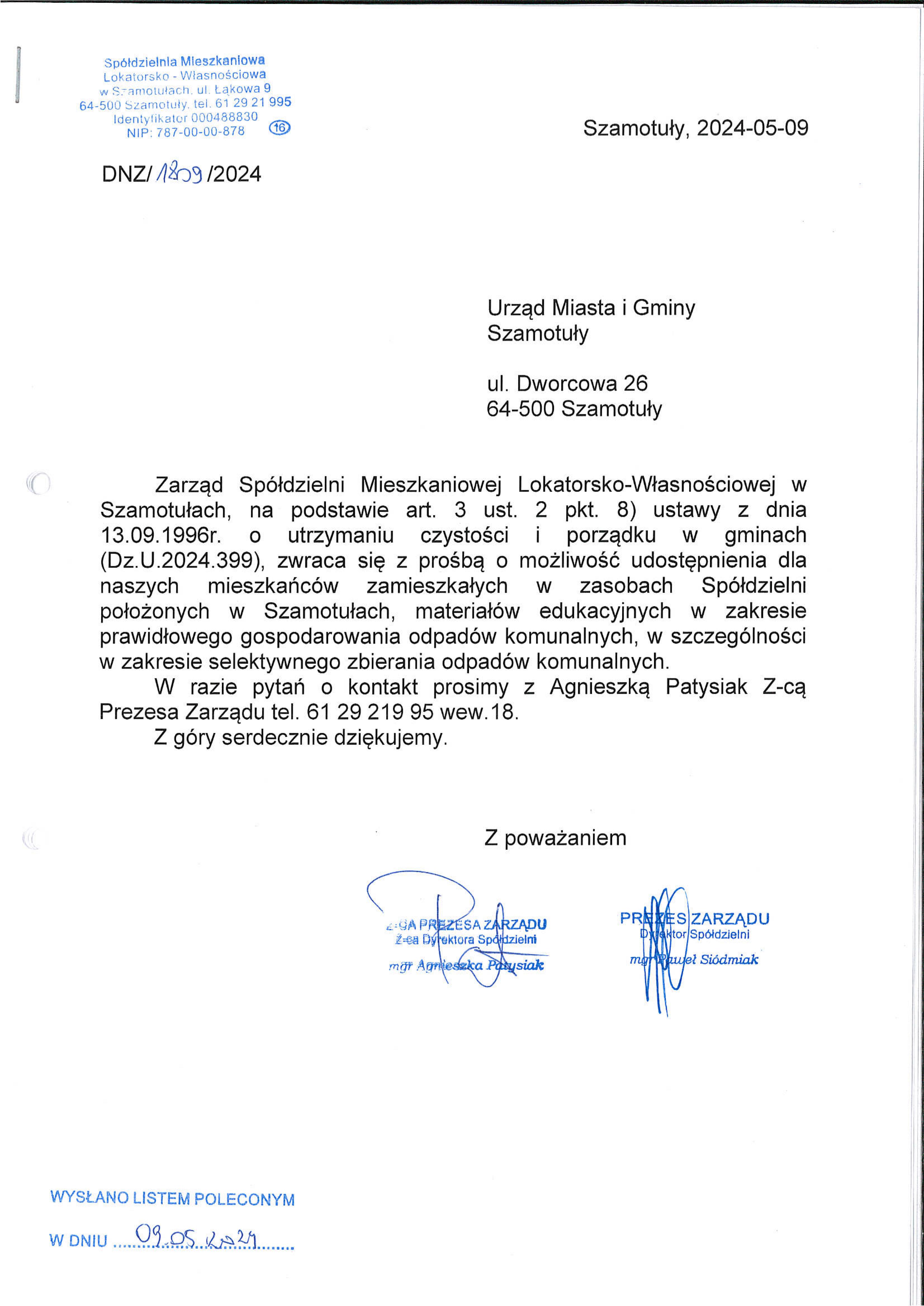 Korespondencja z UMiG Szamotuły w sprawie śmieci