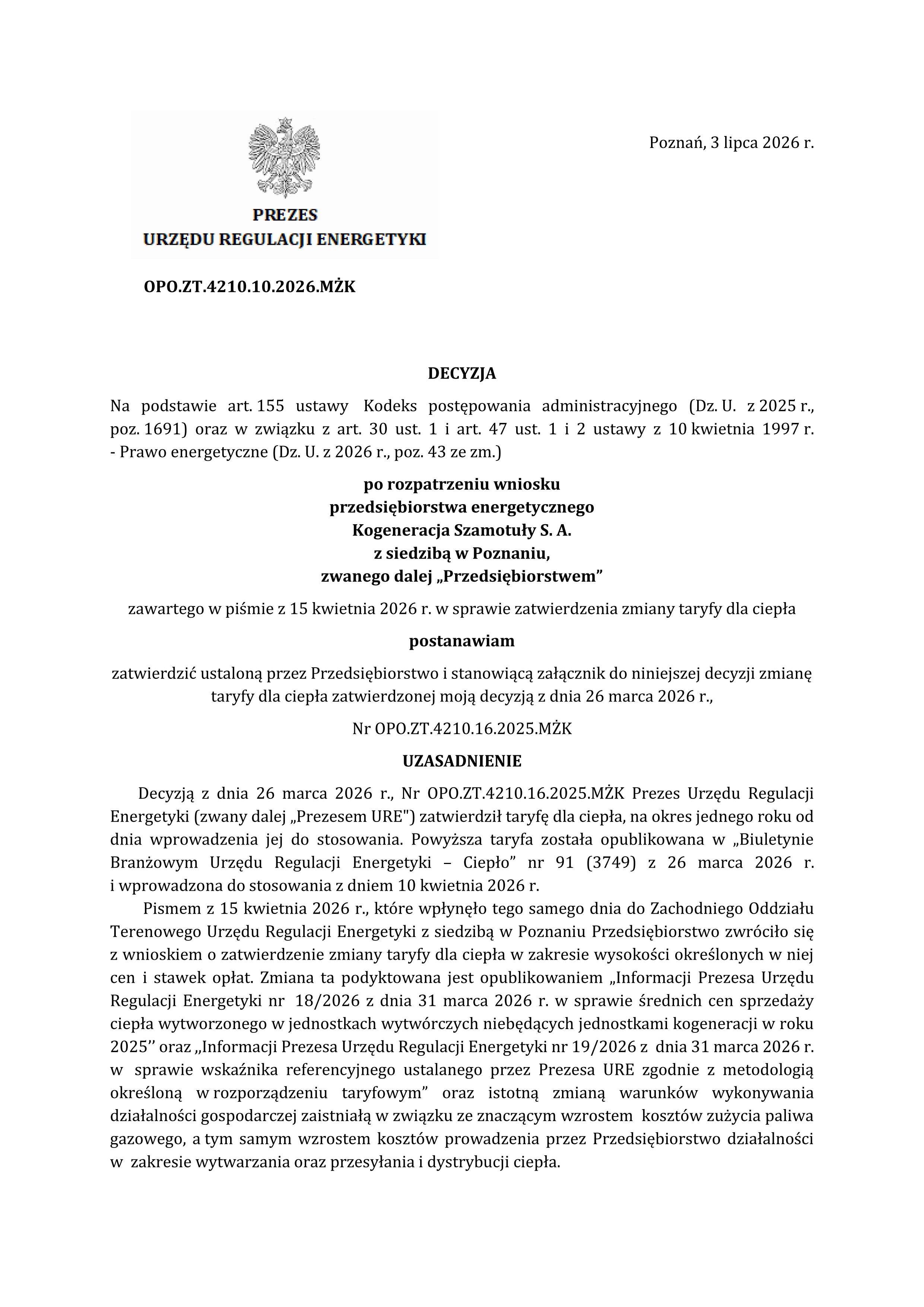 Kogeneracja Zachód opublikowała zmiane taryfy na ciepło zatwierdzoną przez Prezesa Urzędu Regulacji Energetyki obowiązująca od 20 lipca 2026r.